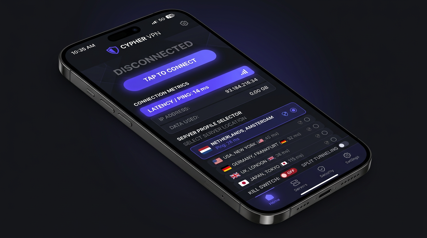 современный VPN-клиент (обобщённый UI), пинг и выбор профиля.