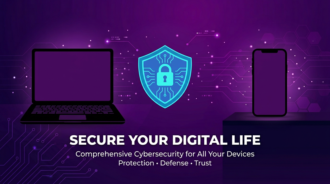 обложка гайда «выбор VPN 2026» — ноутбук и телефон, щит с замком, спокойная графика без политических символов.