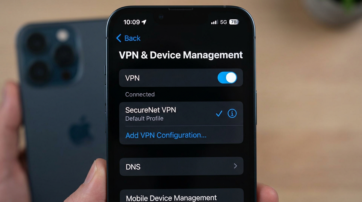 Настройки iOS: VPN включён, профиль активен (иллюстрация).