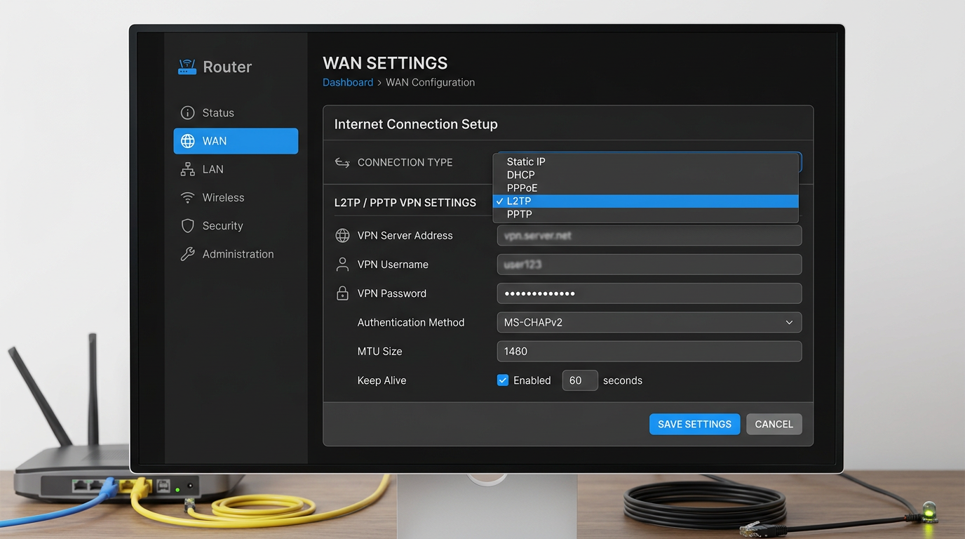 Раздел WAN / VPN-клиент с параметрами туннеля (иллюстрация).