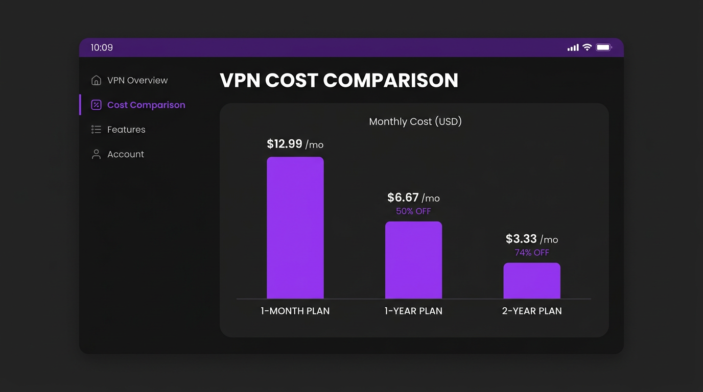 диаграмма цены VPN 2026 — стиль RushVPN, нейтральная палитра.