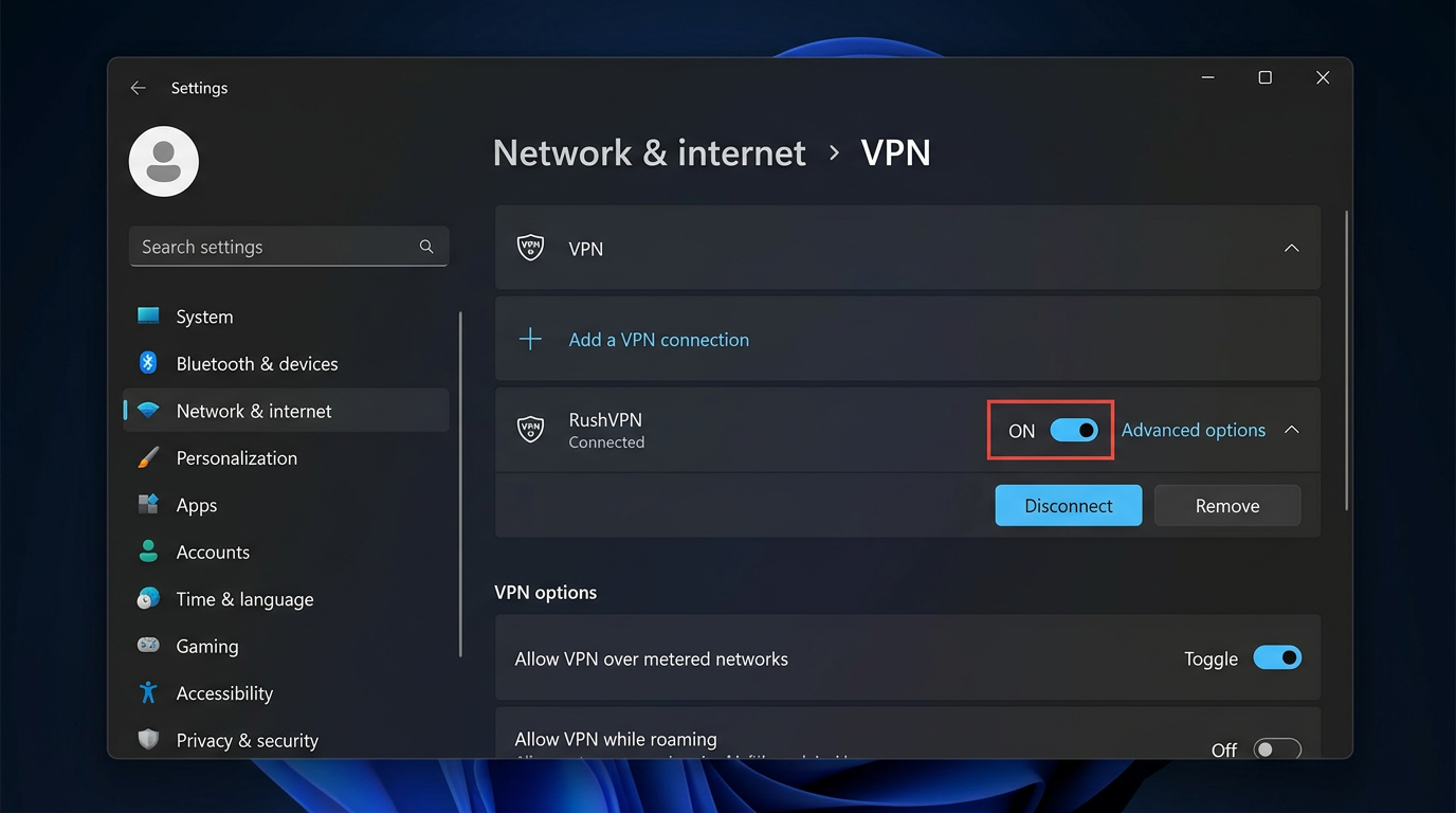 Раздел сети Windows: VPN-подключение и переключатель (иллюстрация).